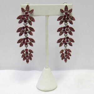 Pink Rhinestone Crystal Clip-On Dangle Cluster Earrings Evening Formal